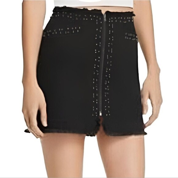 NEW Pistola beaded frayed denim mini skirt black 26 2 NWT - Picture 1 of 13